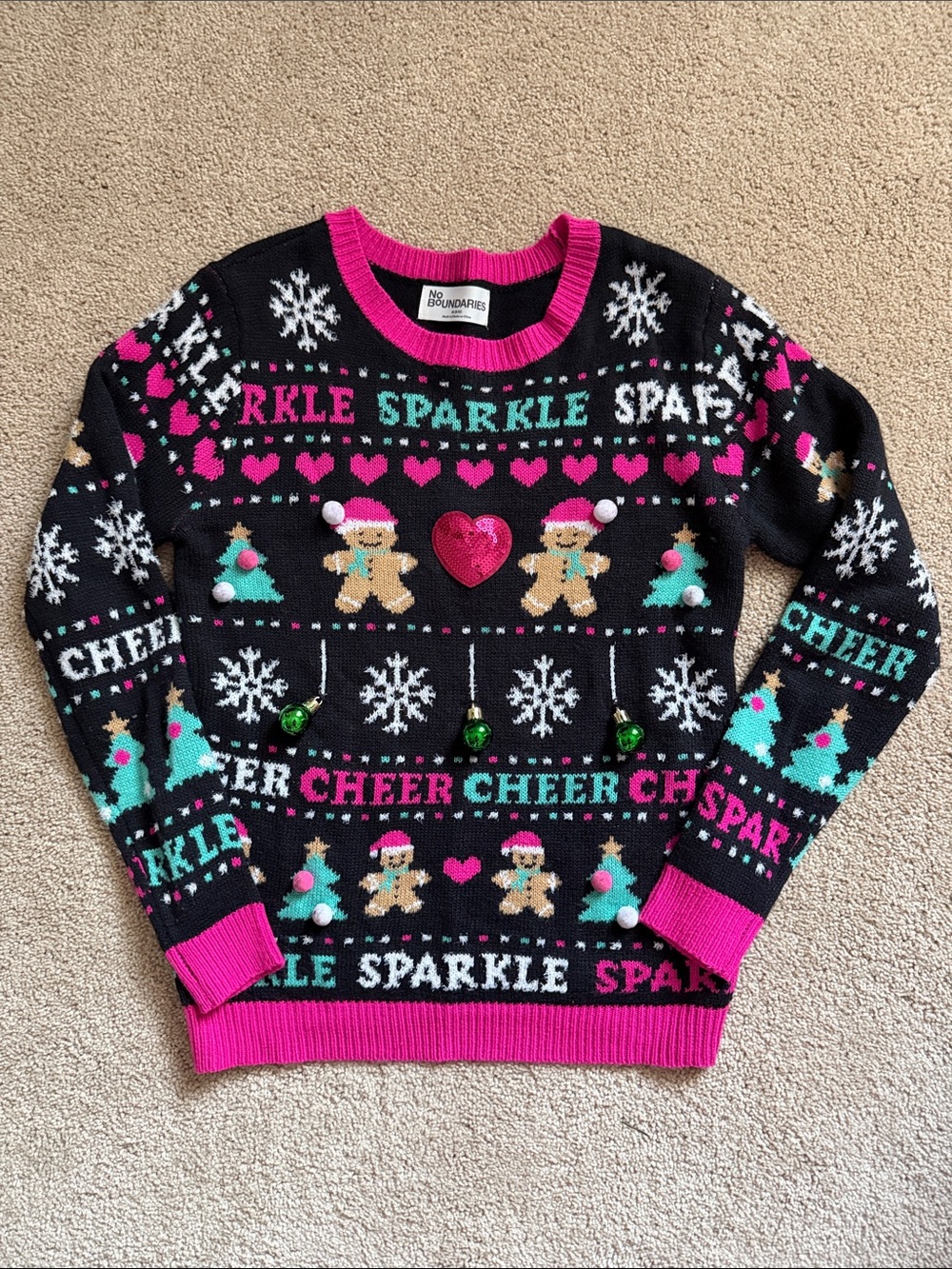 No Boundaries Black & Hot Pink Sparkle Cheer Holiday Sweater